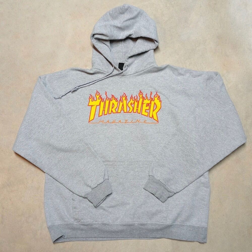 Thrasher Magazine Hoodie Size LARGE Skate Grunge Boxy Flame Logo Y2K